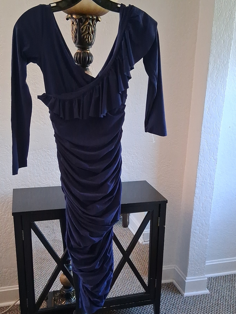 Navy Ruffle Asymmetric Ruched Long-Sleeve Dress